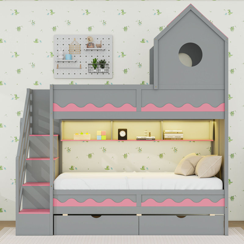 Lit simple au-dessus de simple en bois avec lumière DEL, 2 tiroirs et tablettes, Gris