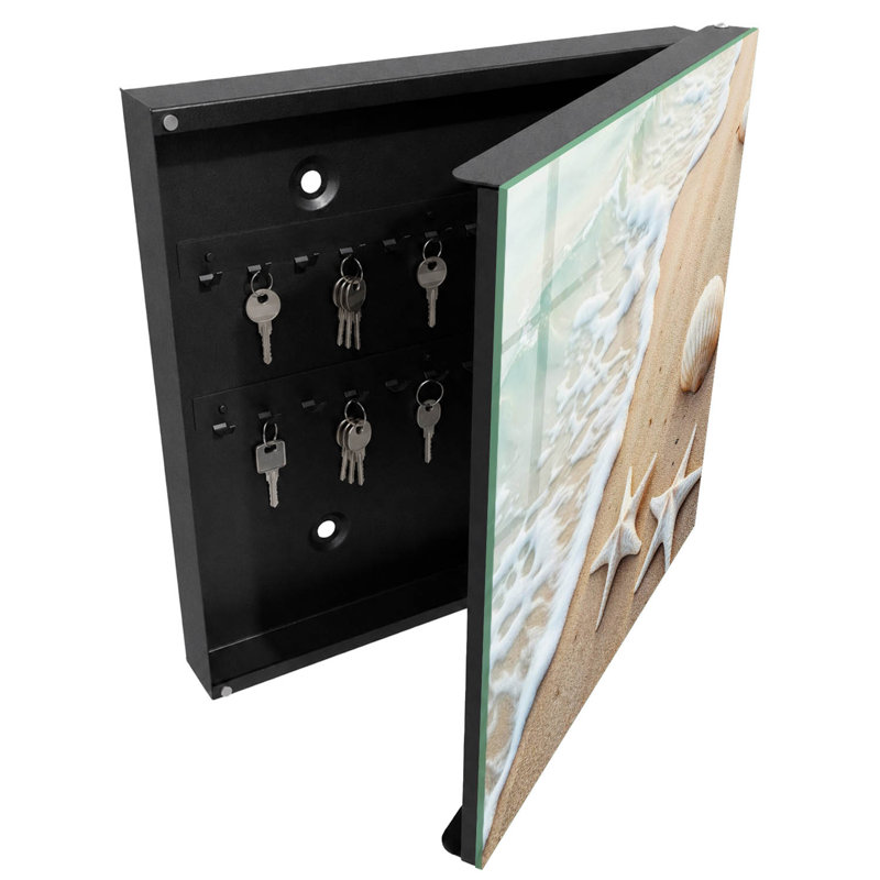 Key cabinet for home, Opens to the left, 30x30x5, Black, Beach with shells and sea waves, 