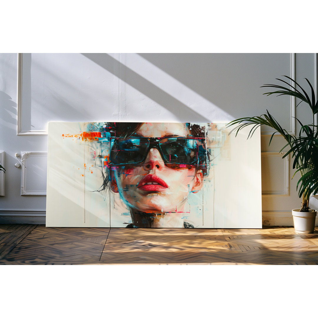 Wandbild 120x60cm Porträt einer jungen Frau Sonnenbrille roter Lippenstift Kunstvoll