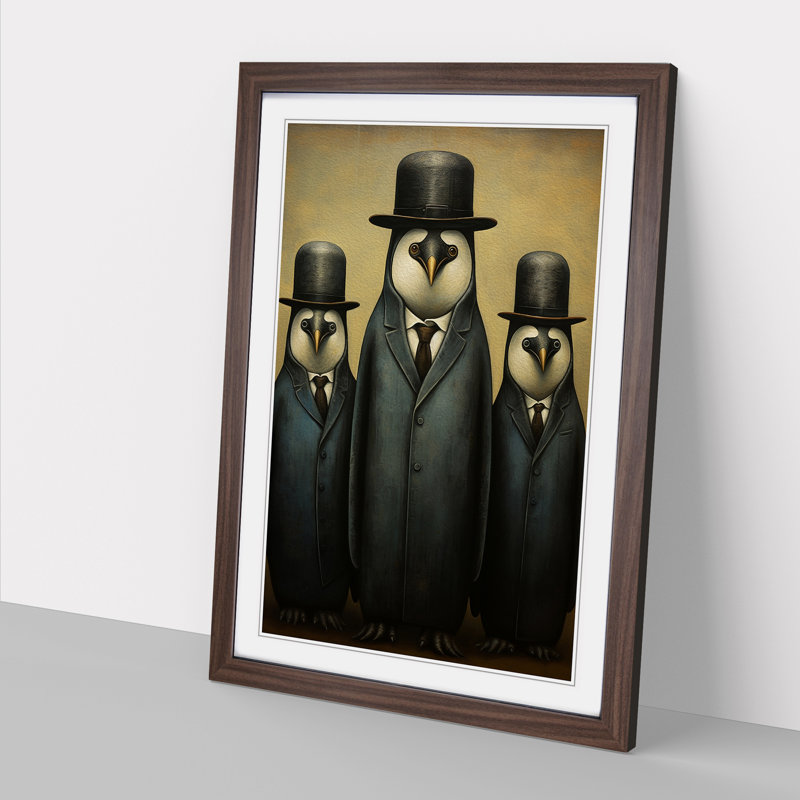 Penguin Dadaism - Single Picture Frame Print on Wood, 46cm H x 34cm W x 2cm D, Walnut Framed