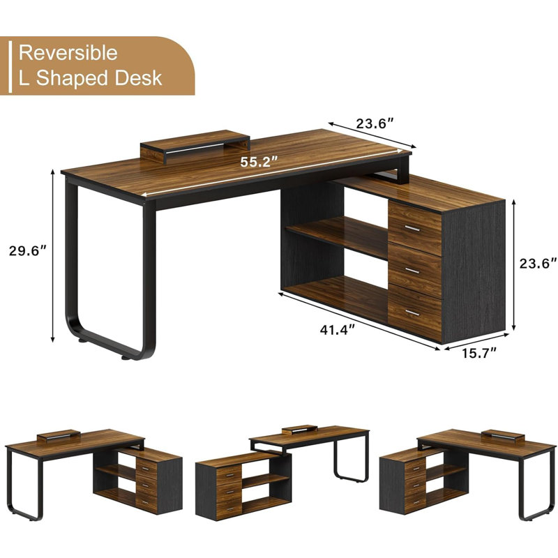 55 Inch Reversible L Shaped Computer Desk with 3 Drawers, Corner Desk with Storage Shelves and Removable Monitor Stand
