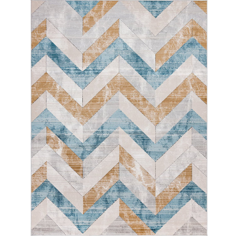  Tapis à chevrons beige / bleu, Rectangulaire 8 pi x 11 pi