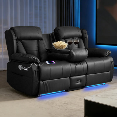 Canapé inclinable de 72,8 po avec causeuse, canapé inclinable manuel avec console, prise de courant CA et ports USB-A / USB-C, canapé VR pour salon et cinéma maison avec porte-gobelets