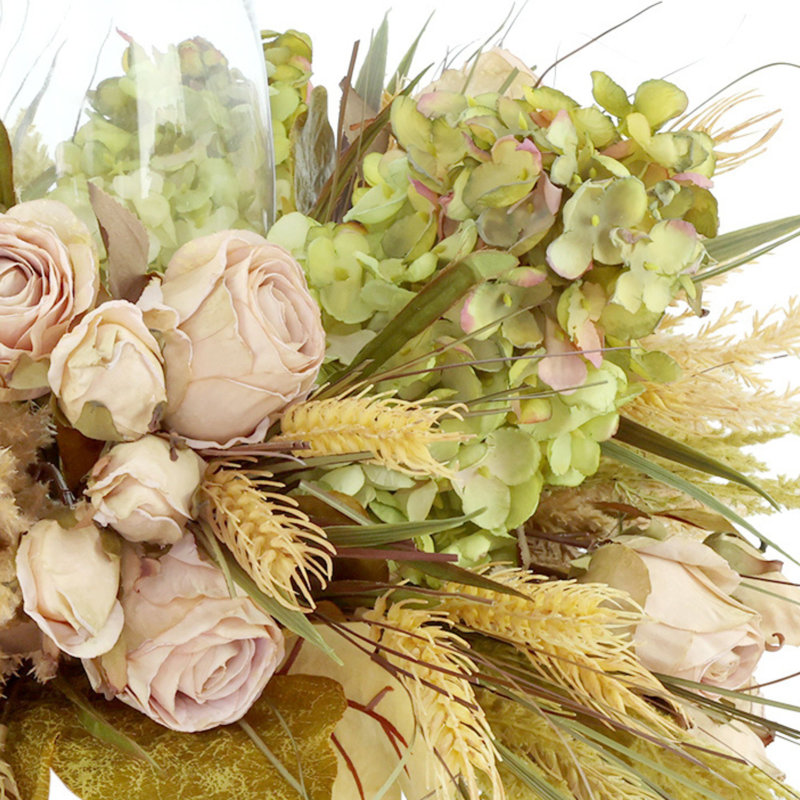 Bougeoir d'automne avec hortensias, roses séchées et blé