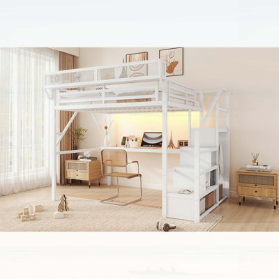 Grand lit mezzanine en métal avec bureau, escalier et lumières RVB intelligentes pour enfants et adolescents, maximisant l'espace et la fonctionnalité