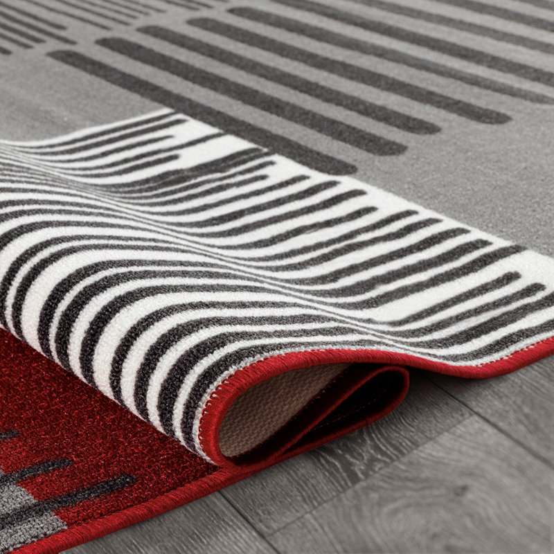 Tapis en polypropylène tissé à la machine Catarcio en rouge / gris / blanc, Tapis de couloir 2 pi x 8 pi