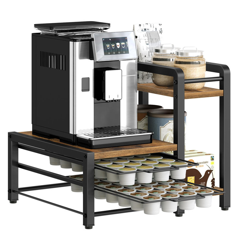 Porte-tiroir à café, porte-gobelet pour café, organisateur de café avec tiroir de rangement coulissant à 2 niveaux et comptoir, capacité de 56 dosettes, brun rustique et noir