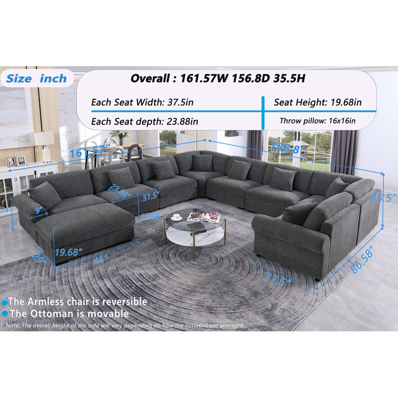 Modular Large 9 Seats Roller Arms Nailheads Cloud Couch Chenille Corner Sectional Sofa With Ottoman,  Dark Gray Chenille