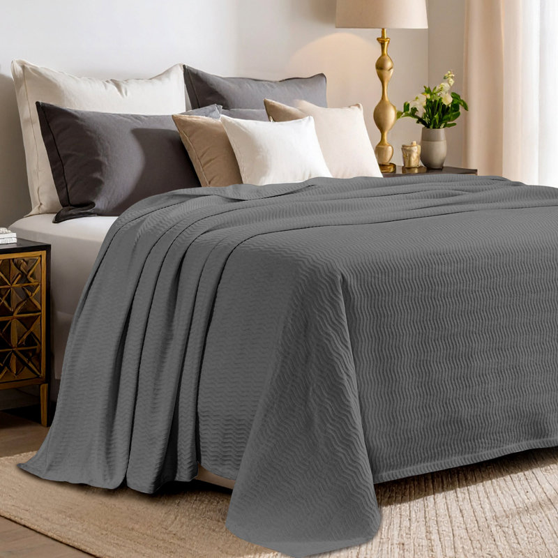 Jeté 100% coton Blue Nile Mills - tissage chevron Dobby - Accent léger toutes saisons, Gris anthracite, Très grand lit