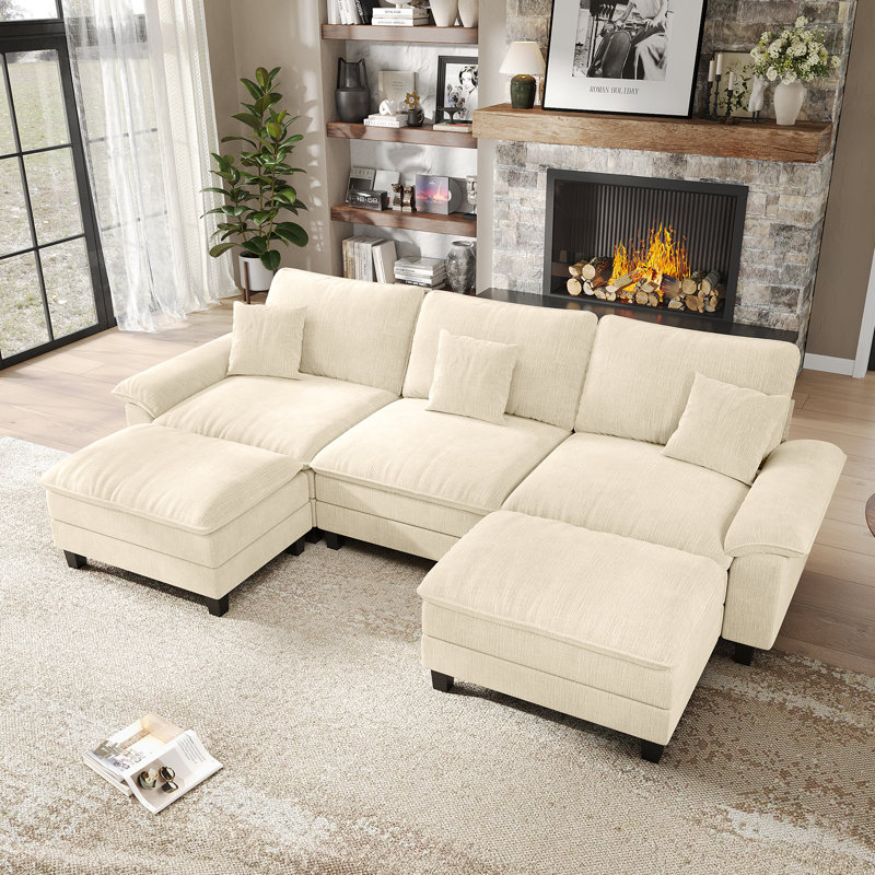 Canapé-lit modulaire de 123 po, canapé surdimensionné confortable à 3 places pour le salon, canapé modulaire avec 2 repose-pieds, housse de coussin et de dossier détachable, tissu chenille beige