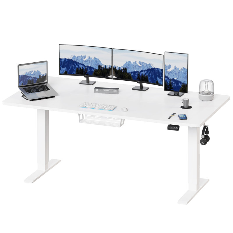Electric T-Shape Height Adjustable Standing Desk, White, 180cm W x 80cm D