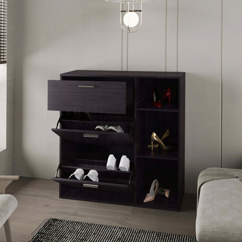 Range-chaussures Showie à 3 portes avec tablettes réglables et tablettes latérales, noyer