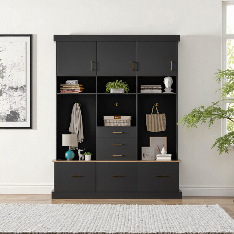 75" White Modern Hall Tree with Bench, 5-in-1 Storage Combo for Organized Entryways, Black