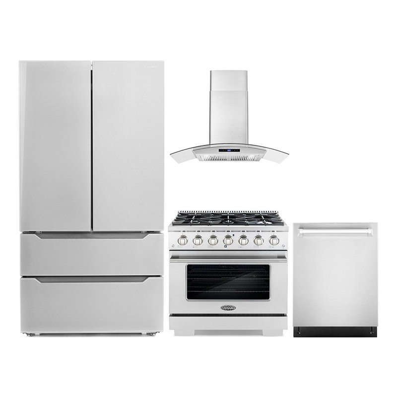 4 Piece Kitchen Package with French Door Refrigerator & 36" Freestanding Gas Range