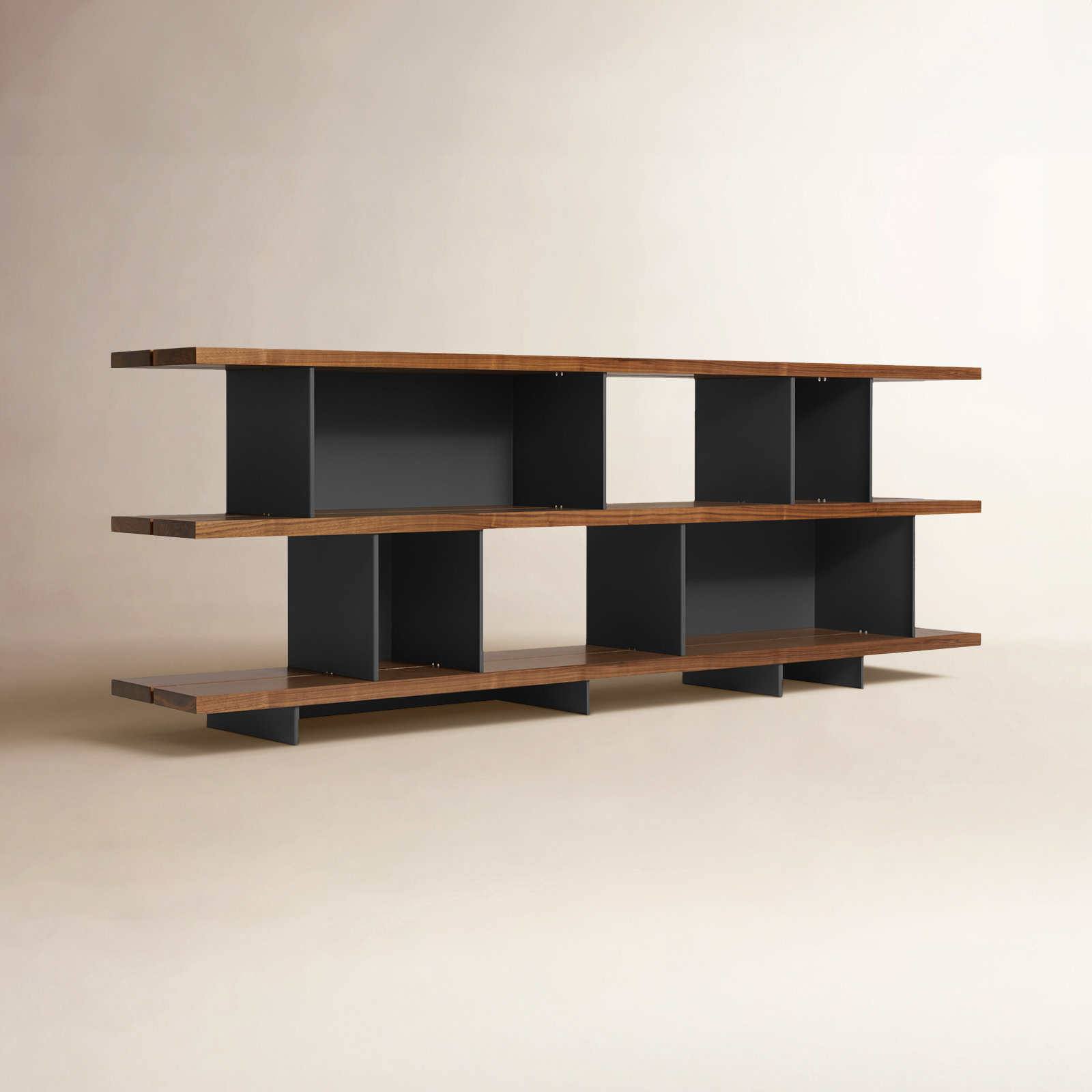 Happy Day Wide Bookcase, Walnut/Oblivion, (3 Shelves) 29" H x 81" W x 14" D