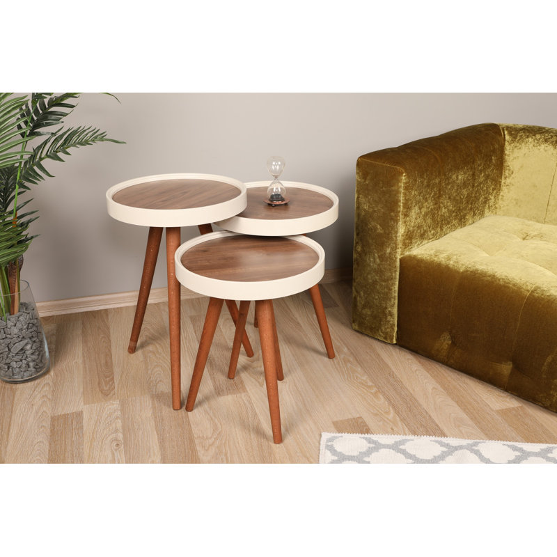 Modern Nesting Table Set (3 Pieces), Walnut & Cream, 15.4 x 19.0 x 19.0 inches | 100% Melamine Coated Particle Board, Durable & Stylish | Perfect for Living Room, Office, and Study Spaces, Space-Saving Design