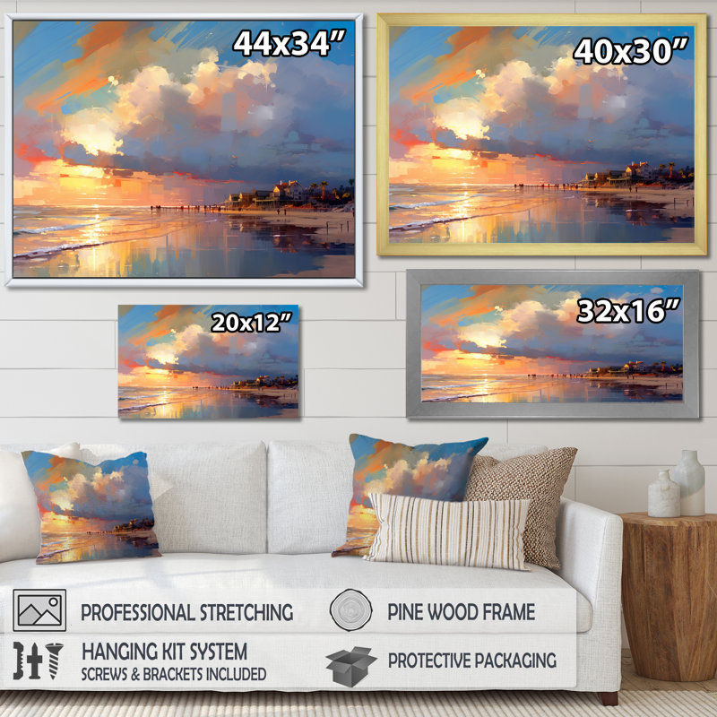 «Sunset Serenity» par Ocean en rose tendre et bleu sur toile, H 16 po x l 32 po x P 1 po, Cadre flottant doré