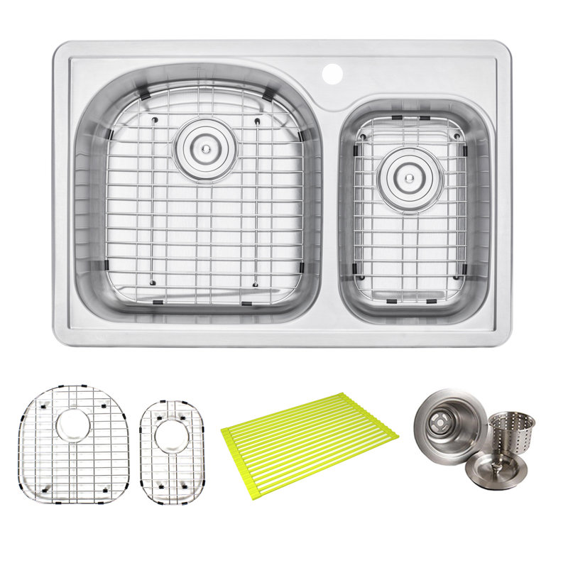 33'' L Double Bowl Stainless Steel Kitchen Sink, 1 Hole