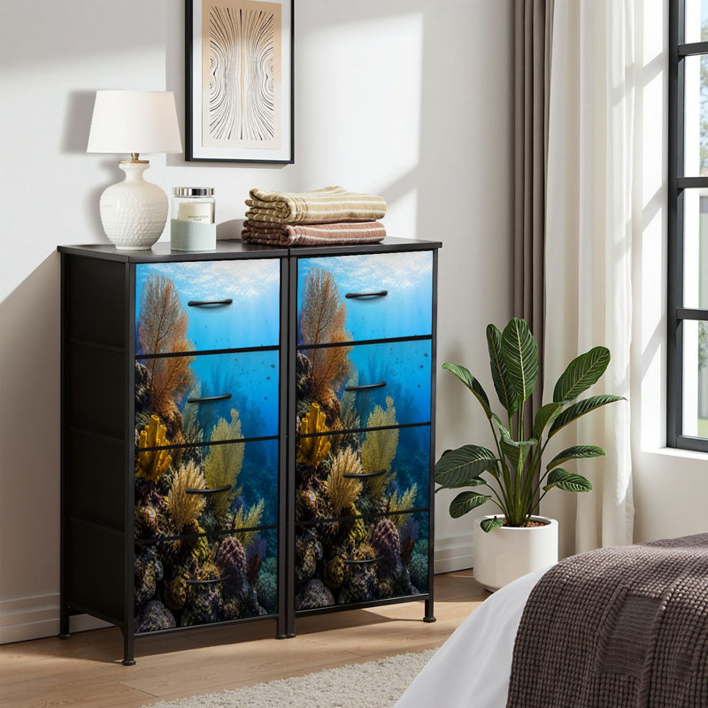 Commode 4 tiroirs pour chambre à coucher, commode étroite, plateau en bois et structure en fer 18 po x 37,5 po (lxH) - avec impression de vie marine sous l'eau