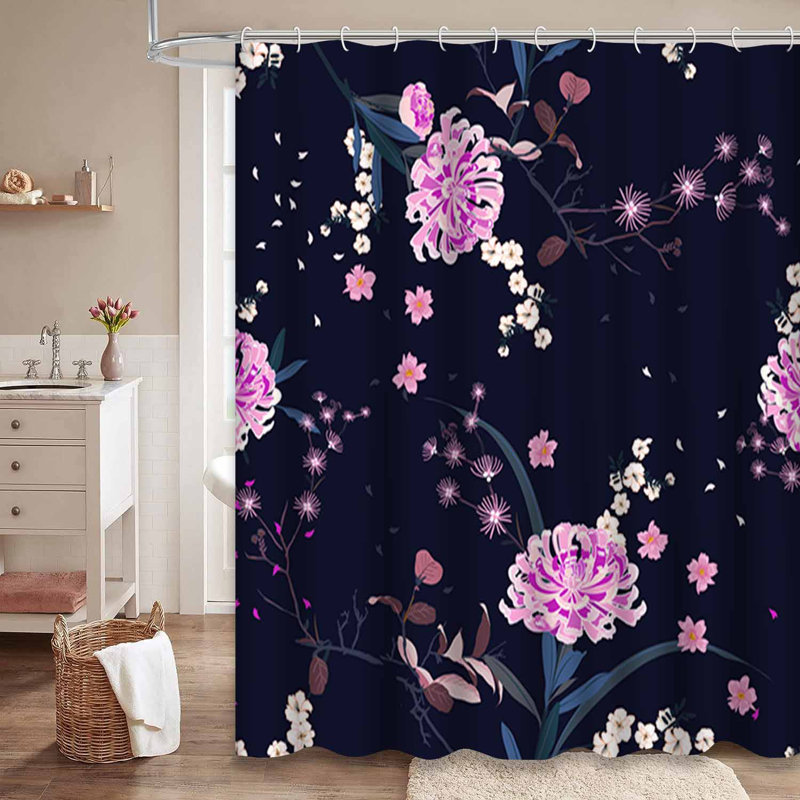 Rideau de douche sans couture à motif floral oriental avec 12 crochets, L 72 po x l 72 po