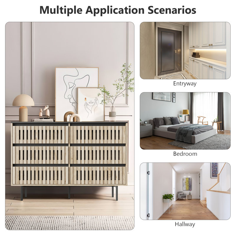 Commode de chambre cannelée à 6 tiroirs, design minimaliste moderne à deux tons