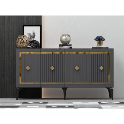 Buffet à 4 portes or / argent avec portes rainurées et cadre à panneau