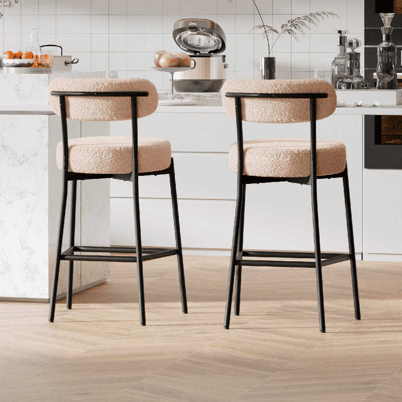 Sherpa Counter Height Bar Stools Set of 2 Modern Upholstered Barstools with Curved Open Back/Round Seat Boucle Comfortable Bar Chairs for Kitchen Island, 24.6 Inch