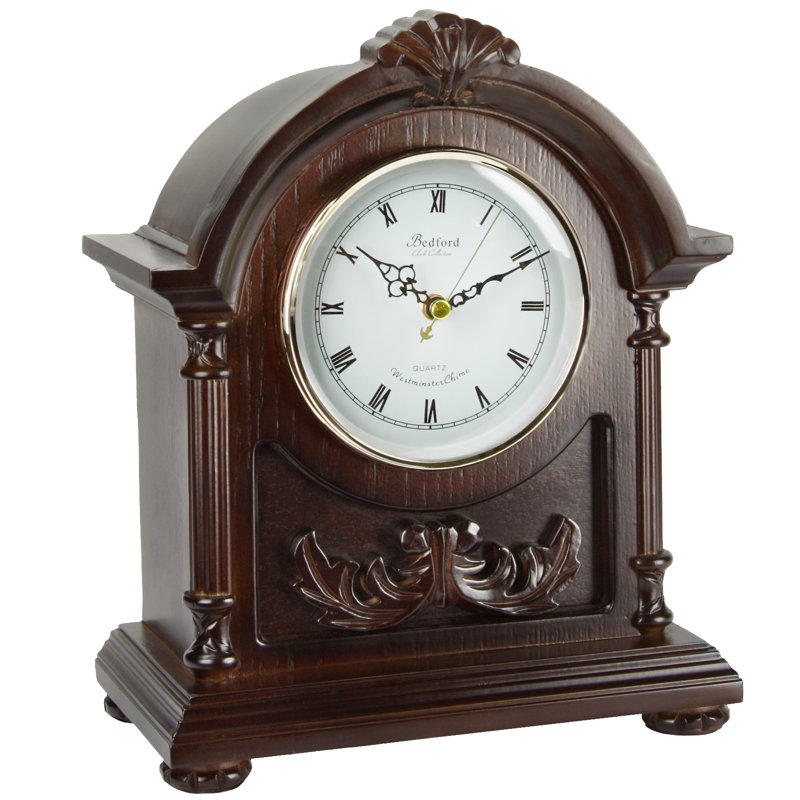Modern & Contemporary Analogue Oak Wood Quartz Movement / Crystal Tabletop Clock with Alarm in Dark Brown