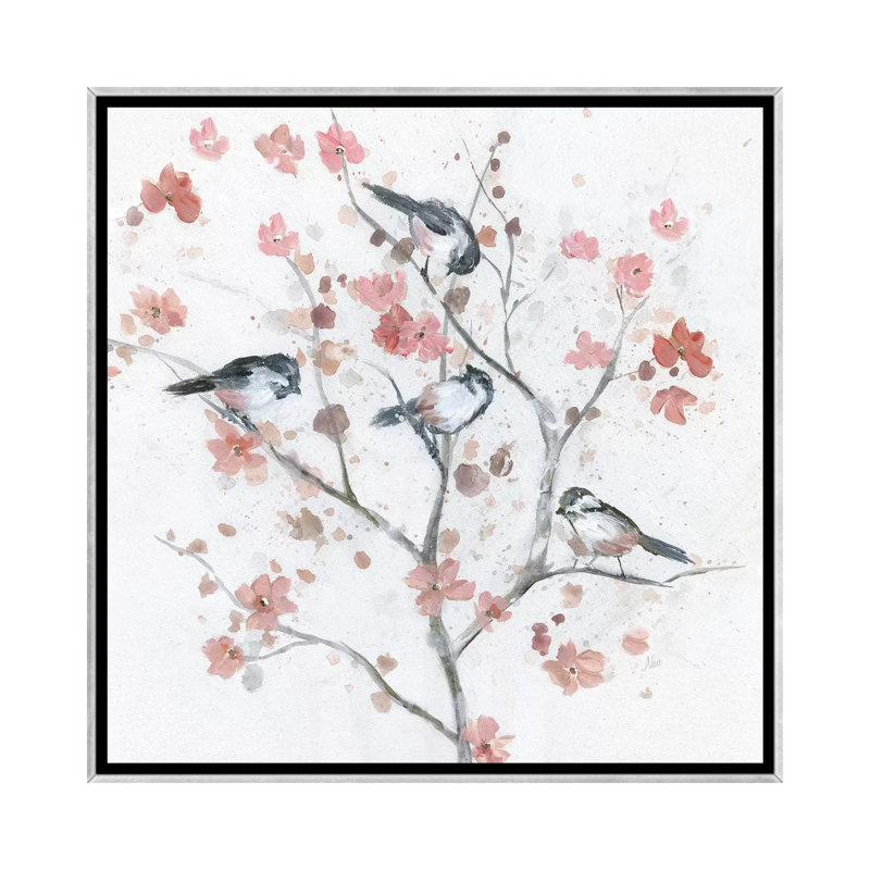 Chickadees In Spring II par Nan - reproduction, H 18 po x l 18 po x 1,5 po, Encadrement argenté, Pas de tapis