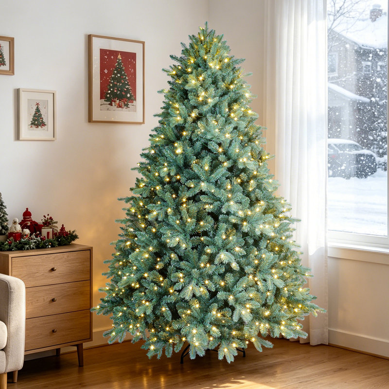 Arbre de Noël pré-éclairé en épinette bleue en PE / PVC, branches à ouverture automatique et support en métal, H 6 pi