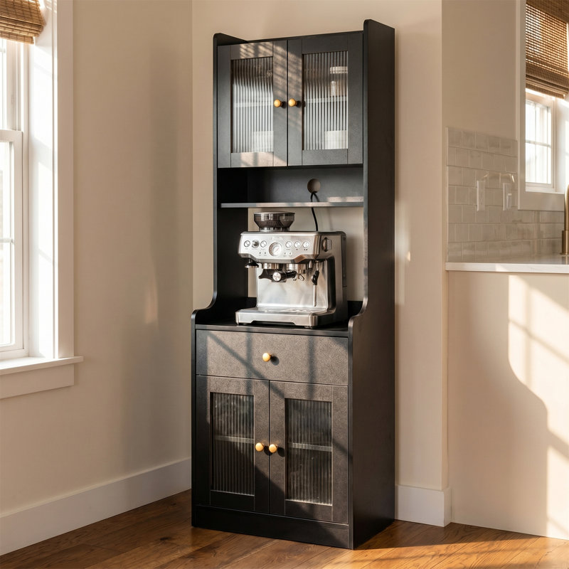 Armoire de cuisine noire, buffet de cuisine autoportant avec tablette à micro-ondes