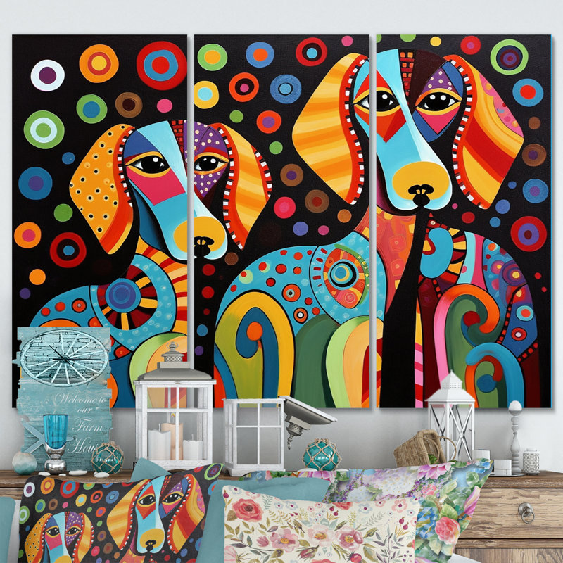Art animalier sur toile, portrait de teckel décor géométrique - Portrait de deux teckels rétro géométrique