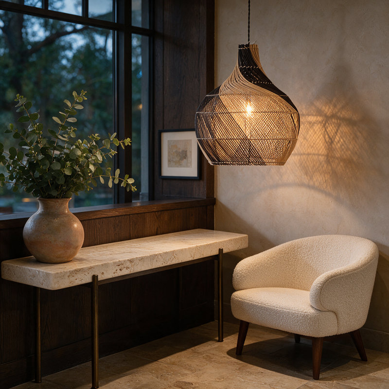 Luminaire suspendu moderne en rotin fait à la main à deux tons avec finition noir mat Tennon