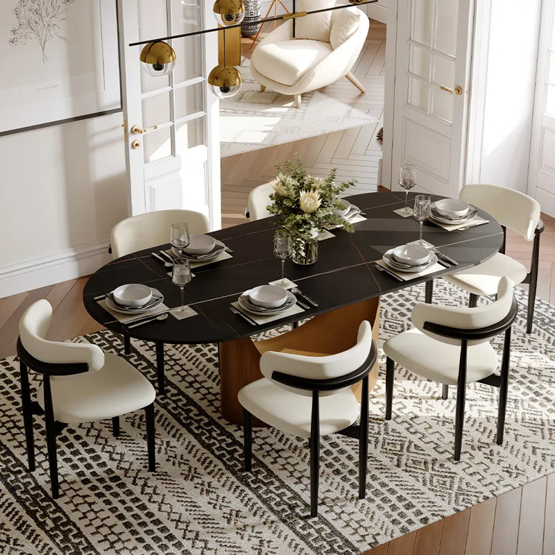7 Pieces Dining Room Sets, Pre-Assembly Oval Dining Table Sets, Sintered Stone Tabletop Kitchen Dining Table Set With Upholstered Chairs