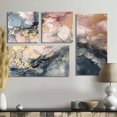 Exploration des profondeurs de la géode rose III - Marbre abstrait surdimensionné, 4 pièces, impressions sur toile