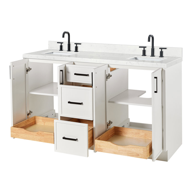 Ariel Kelly 60 Inch Double Rectangular Sink Bathroom Vanity With Carrara Quartz Countertop, White