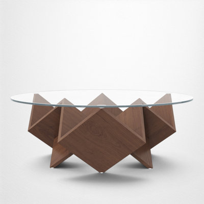 Table basse ronde en verre trempé, base de rangement géométrique, design sculptural abstrait, salon moderne