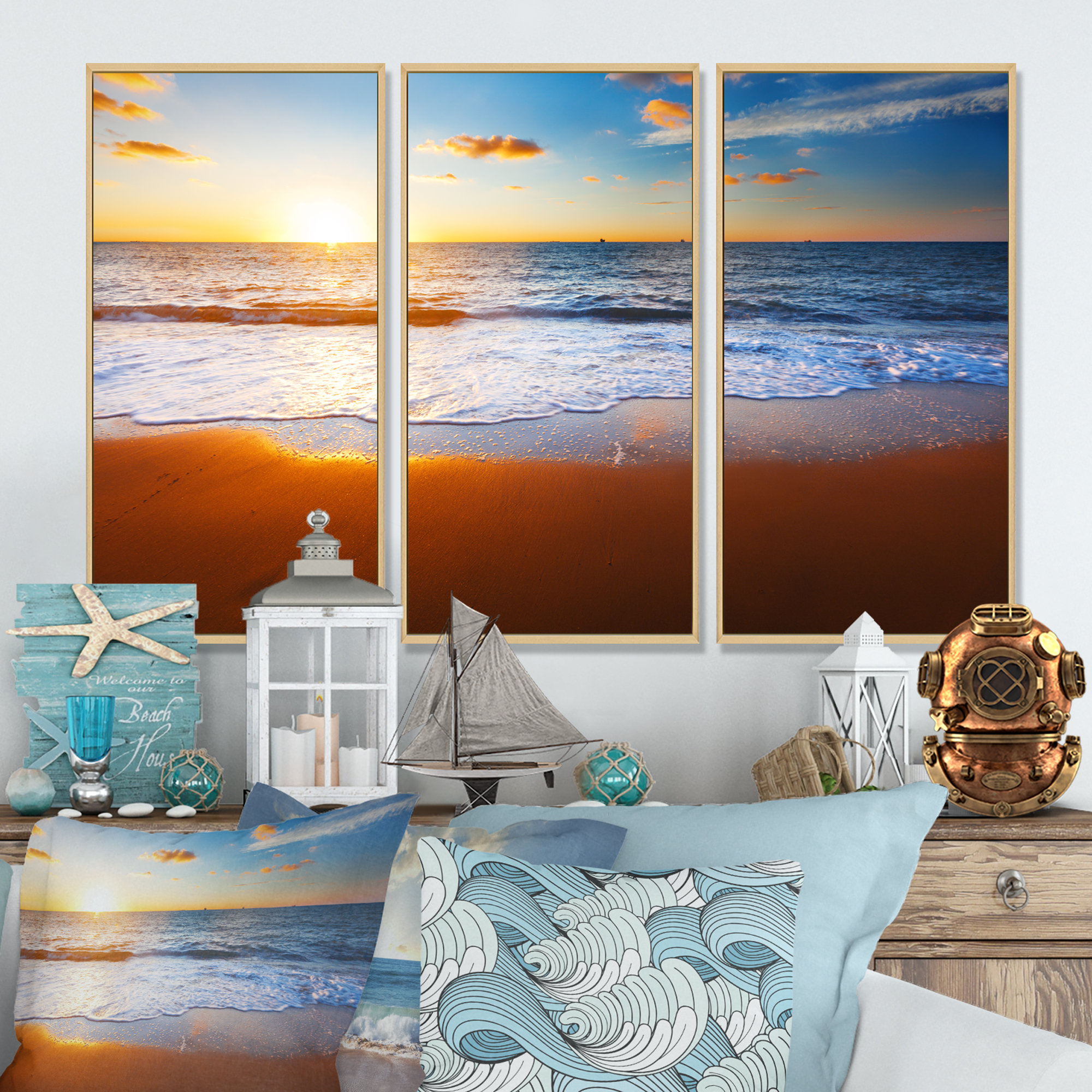 Highland Dunes Blue Sea And Sky With Sandy Beach Framed On Canvas