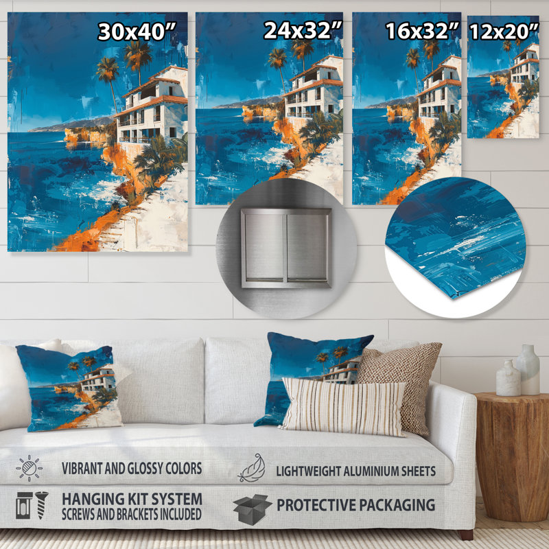 Bleu blanc, bord de mer, hôtel évasion - hôtels et loges, art mural, Sans cadre, métal, H 34 po x l 44 po