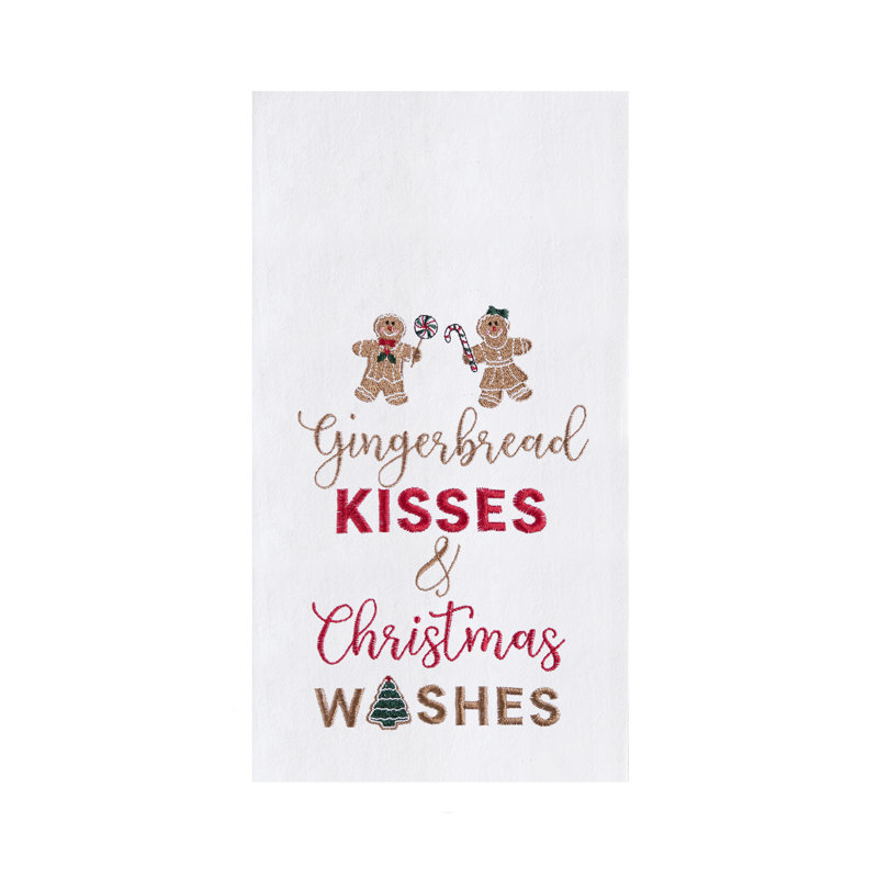 "Gingerbread Kisses and Christmas Wishes" Sentiment with Gingerbread Men Cotton Flour Sack Kitchen Towel 27L x 18W in.