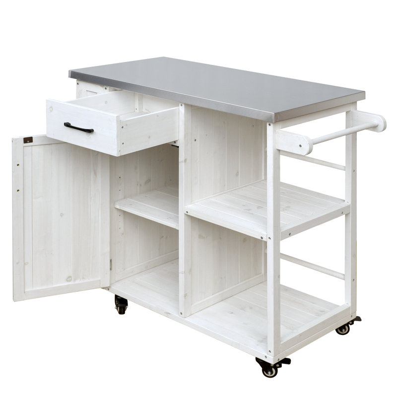 Îlot de cuisine mobile 40,5 "avec plateau en acier inoxydable, armoire à épices cachée et structure en bois massif, Blanc