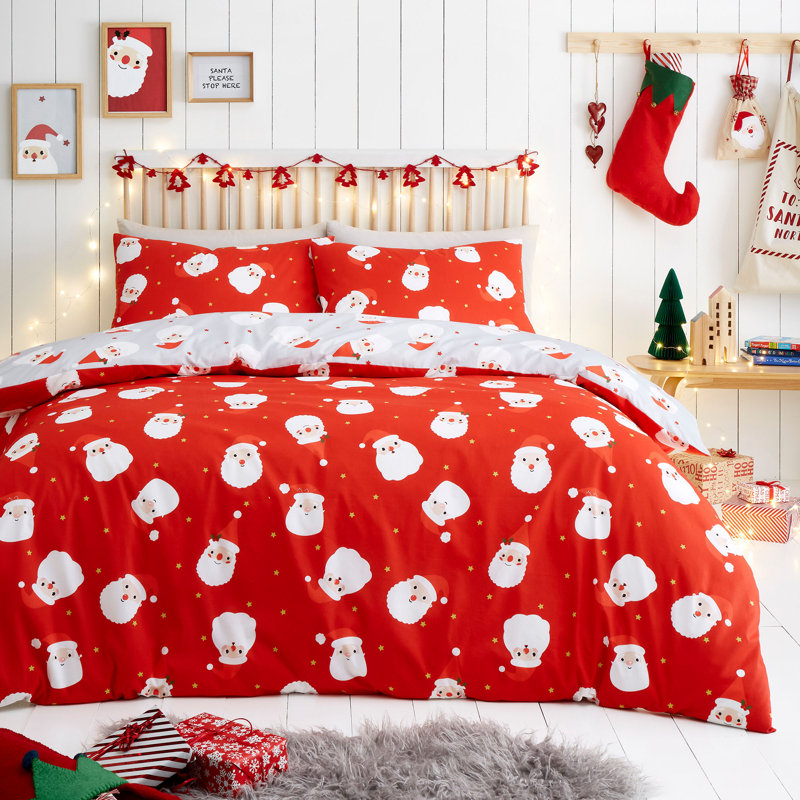Happy Santa Polyester Block Print Duvet Cover Set with Pillowcases Included, King Duvet Cover + 2 Standard Pillowcases