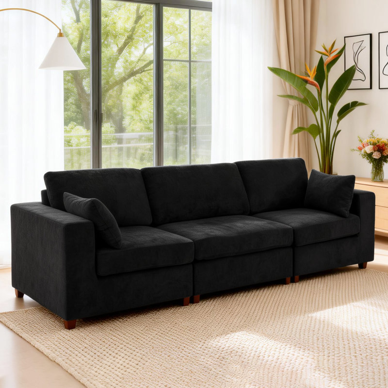 Canapé modulaire rembourré 3 pièces 3 pièces, Mélange de lin noir, H 26 po x l 113,3 po x P 37,8 po
