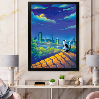 " Moon Night Cat And Moon City Scene "