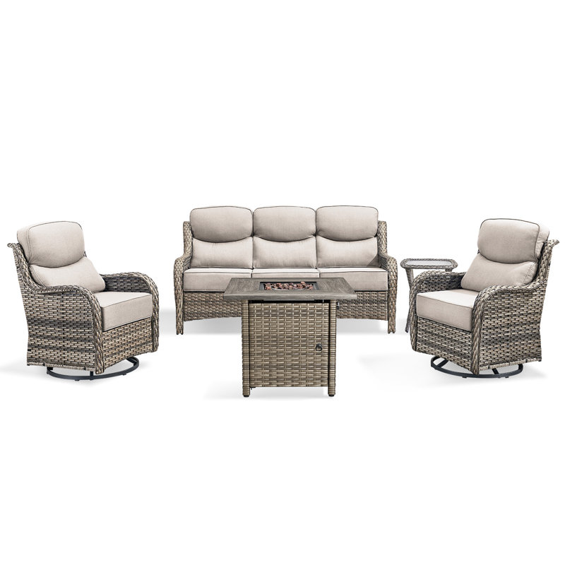 Patio Resin Wicker Furniture Set With Fire Pit Table, PE Rattan Swivel Patio Chairs With Propane Fire Pit Table, Brown Wicker 5Pcs Patio Conversation Set