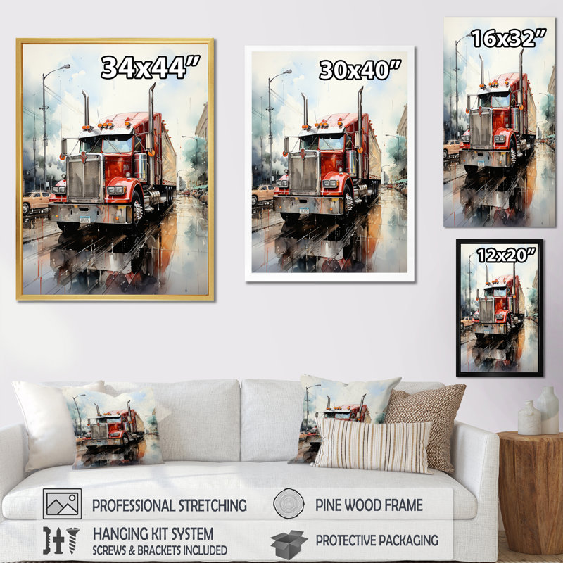 Red Semi Truck Pride II, reproduction d'art sur toile, H 40 po x l 30 po x P 1,5 po, Cadre photo noir