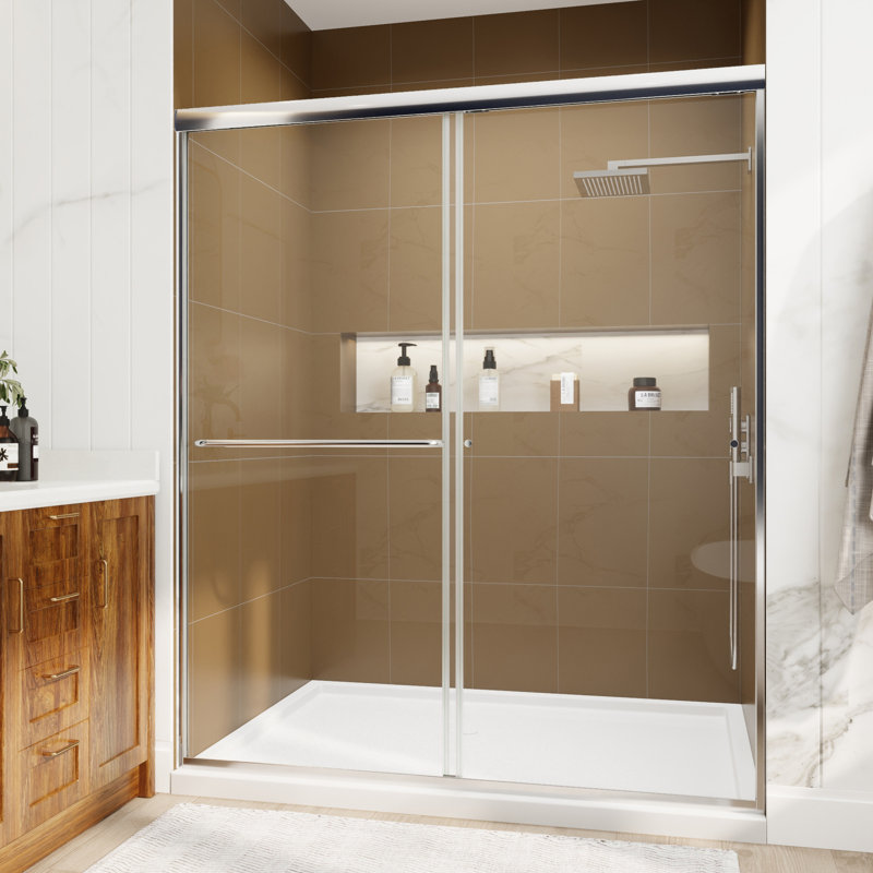 Porte de douche coulissante de demi-cadre avec verre transparent l 60 po x H 70 po, Chrome chrome
