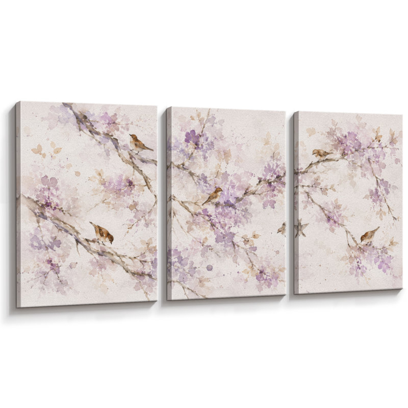 Branches de lavande en fleurs avec petits oiseaux, illustration botanique, tableau pour chambre, impression giclée sur toile en 3 parties - 61 cm x 3 pièces