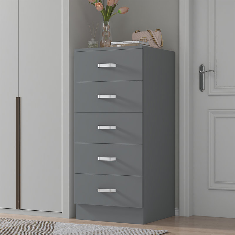 Lycinda 5 Drawer Tallboy Chest Of Drawers - Matt Finish, Scratch Resistant, Brushed Chrome Metal Handles, Grey