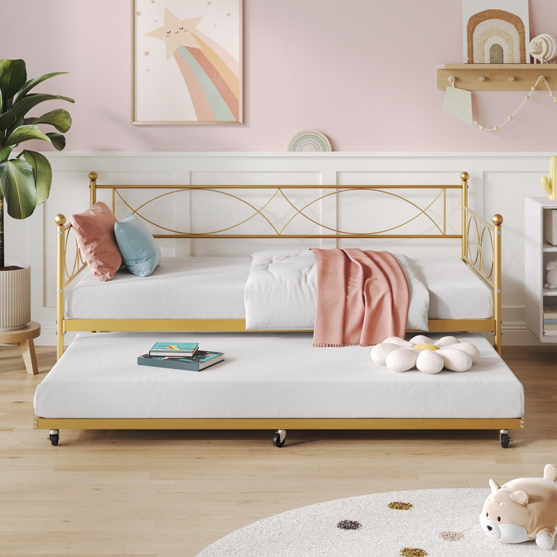 Twin daybed with Trundle, Metal Twin Daybed and Trundle Set, Day Bed Sofa Bed Frame with Steel Slat Support, Gold